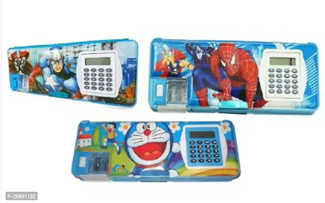 CASSAVA Combo of 3 Magnetic Pencil Box with Calculator and Sharpener for Boys  Girls Big Size Cartoon (Doremon Spider Man and Avenger Printed Pencil Box-thumb0