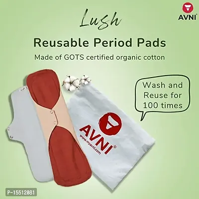 Avni Lush Certified 100% Organic Cotton Washable Cloth Pads, Pack of 2 | Antimicrobial Reusable Cloth Sanitary Pad | With Cloth Storage pouch-thumb2