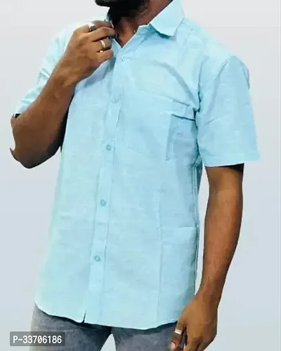 Stylish Blue Cotton Short Sleeves Solid Casual Shirt For Men-thumb0