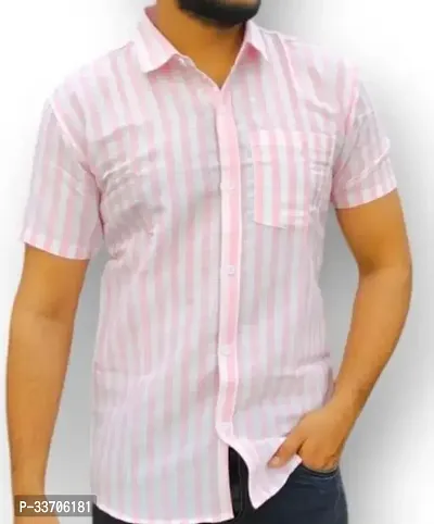 Stylish Pink Cotton Short Sleeves Striped Casual Shirt For Men-thumb0