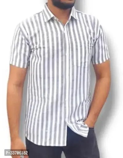 Stylish Grey Cotton Short Sleeves Striped Casual Shirt For Men-thumb0