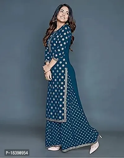 WEFU-Straight Rayon Kurti with Palazzo in Petrol Blue Color Golden Print 3/4 Sleeve Kurti (Hina Khan) (Petrol Blue, XL)-thumb5