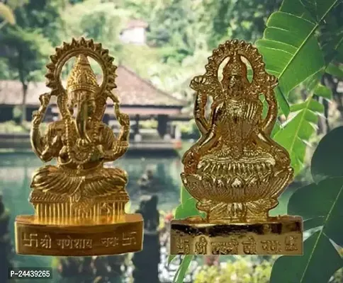 Maa Laxmi And Ganeshji Idol Delightful Statue/Idol/ Decorative Showpiece - 8 Cm (Brass, Gold)