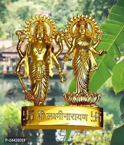 Lord Laxmi Narayan Delightful Statue/Idol/ Decorative Showpiece - 11 Cm (Brass, Gold)-thumb0