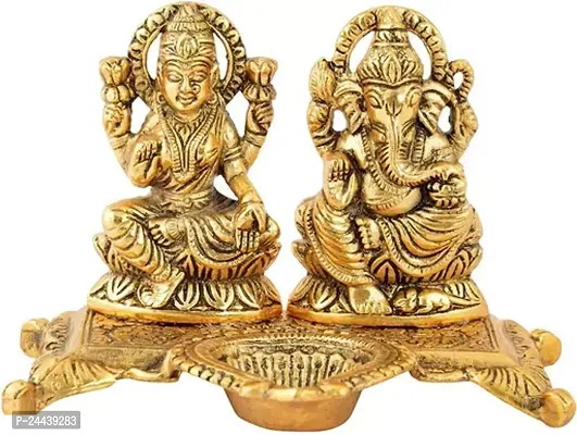 Lakshmi Ganesha With Diya Statue Idol Murti In Metal Decorative Showpiece - 20 Cm (Metal, Gold) Brass Table Diyanbsp;nbsp;(Height: 15 Inch)-thumb0