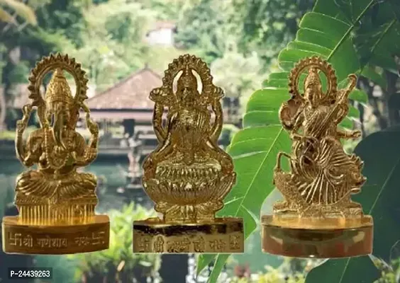 Maa Laxmi And Ganeshji And Saraswati Maa Delightful Statue/Idol/ Decorative Showpiece - 8 Cm (Brass, Gold)