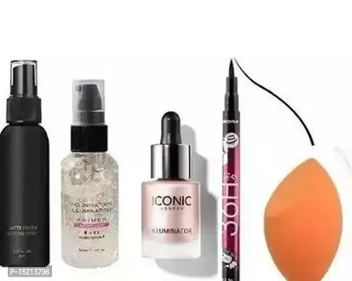 Natural Ultimate Face Makeup Combo Of Makeup Fixer , Makeup Primer ,Highliter,Eye Liner And Makeup Blender