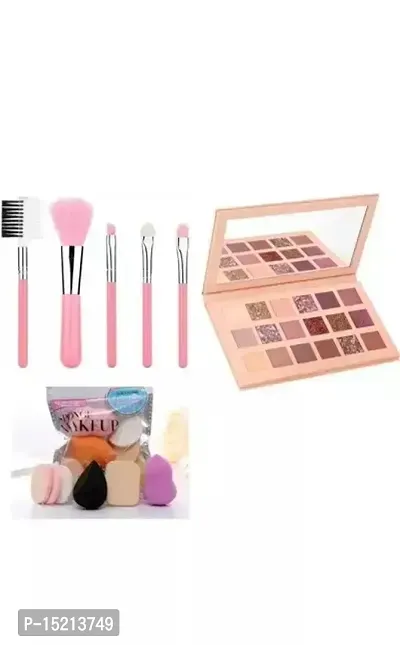 Natural Professional Makeup Brushes 5 Pcs Set  Pack Of 6 Washable Makeup Sponges - Blender - Puff With 18 Colors Professional Nude Edition Eye Shadow Palette (3 Items In The Set)