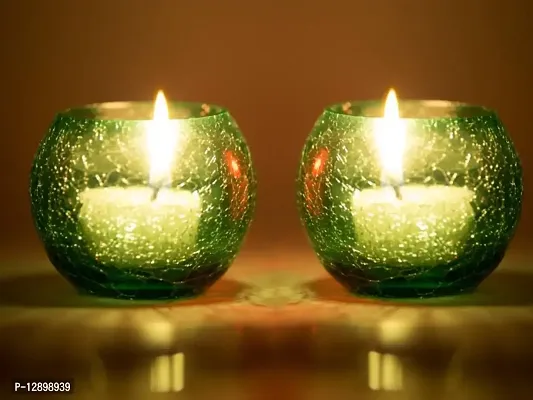 Green Crackle Glass Votive Tealight Candle Holder- Set Of 2