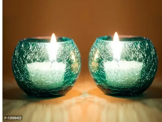 Blue Crackle Glass Votive Tealight Candle Holder - Set Of 2