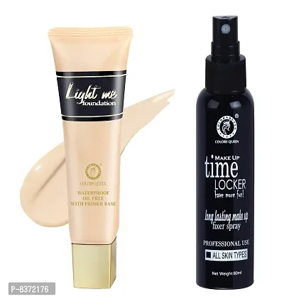 Colors Queen Light me Water Proof Oil free Foundation (Sheer Ivory) With Time Locker Long lasting Make Up Fixer pack Of 2