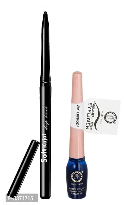 Colors Queen Smudge Proof Deep Black Soft Kajal With Shimmer Glitter Eyeliner (Sky Blue) Pack of 2