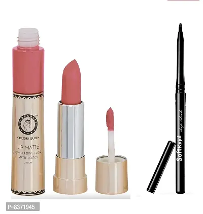 Colors Queen 2 in 1 Long Lasting Matte Lipstick (Peach) With Soft Kajal-thumb0