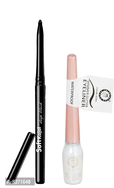 Colors Queen Smudge Proof Deep Black Soft Kajal With Shimmer Glitter Eyeliner (White ) Pack of 2-thumb0