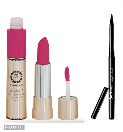 Colors Queen 2 in 1 Long Lasting Matte Lipstick (Coral Pink) With Soft Kajal-thumb0