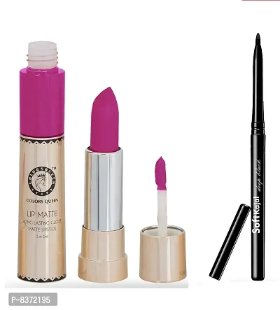 Colors Queen 2 in 1 Long Lasting Matte Lipstick (Hot Magenta) With Soft Kajal-thumb0