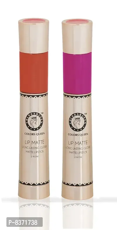 Colors Queen 2 in 1 Long Lasting Matte Lipstick (Peach Orange + Hot Magenta) Pack of 2