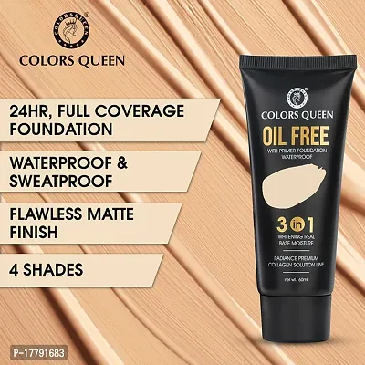 Colors Queen 3 in 1 Oil Free Foundation for Face Makeup Natural Matte Finish, Medium to Full Coverage Foundation with Primer Ultra Blendable and Long Lasting Foundation (Natural Almonds, 60ml)-thumb5