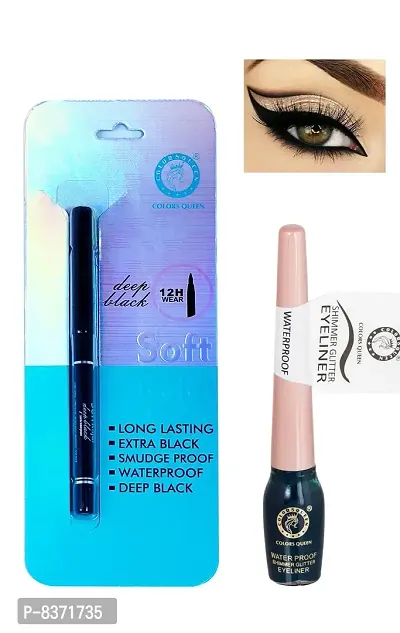 Colors Queen Smudge Proof Deep Black Soft Kajal With Shimmer Glitter Eyeliner (Silver Green) Pack of 2-thumb4