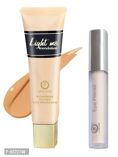Colors Queen Light Me Oil Free Water Proof (With Primer Base) Foundation (Natural Marble) With 12 Hr. Smoothing Eye Primer (Pack Of 2)