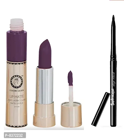 Colors Queen 2 in 1 Long Lasting Matte Lipstick (Wine) With Soft Kajal-thumb0