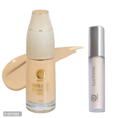 Colors Queen Excellence Flawless Foundation {Oil Free + Perfect coverage + Base With Primer} With Color Correcting 12 Hr Smoothing Water Proof Eye Primer (Pack of 2)