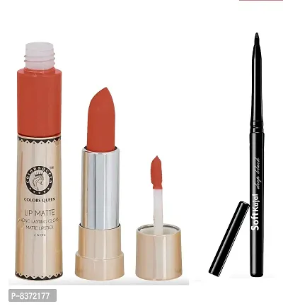 Colors Queen 2 in 1 Long Lasting Matte Lipstick (Peach Orange) With Soft Kajal