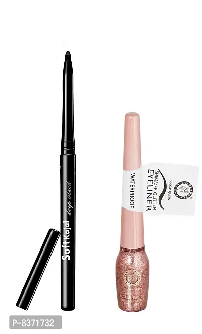 Colors Queen Smudge Proof Deep Black Soft Kajal With Shimmer Glitter Eyeliner (Coral) Pack of 2