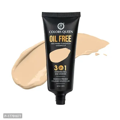 Colors Queen 3 in 1 Oil Free Foundation for Face Makeup Natural Matte Finish, Medium to Full Coverage Foundation with Primer Ultra Blendable and Long Lasting Foundation (02 Natural, 60ml)