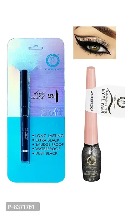 Colors Queen Smudge Proof Deep Black Soft Kajal With Shimmer Glitter Eyeliner (Grey) Pack of 2-thumb3