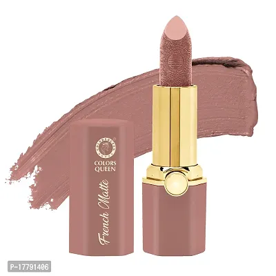 Colors Queen French Matte Waterproof Lipstick Enriched with Moisture, Single Stroke Application Non Sticky and Non Drying Creamy Matte Lipstick for Women (Peach Nude, 3 Gram)