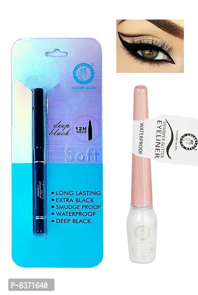 Colors Queen Smudge Proof Deep Black Soft Kajal With Shimmer Glitter Eyeliner (White ) Pack of 2-thumb4