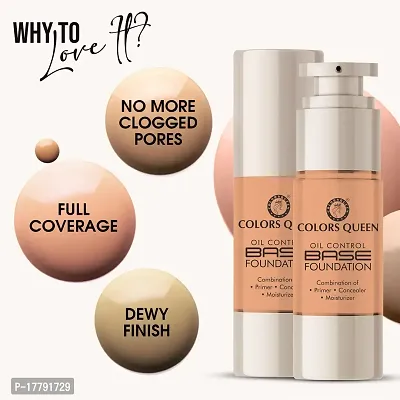 Colors Queen Oil Control Base Foundation Combination of Primer, Concealer and Moisturizer, Skin Brightening Liquid Foundation Water Resistant with Dewy Finish Foundation for Face Makeup (Golden Beige, 30ml)-thumb3