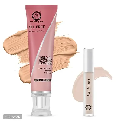 Colors Queen Oil Free Real Base Foundation (Natural Shell) With Color Correcting 12 Hr. Smoothing Water Proof Eye Primer (Pack Of 2)