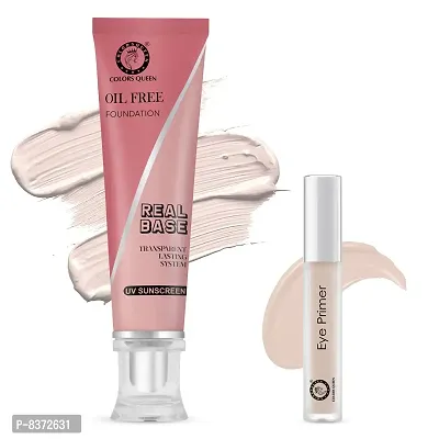 Colors Queen Oil Free Real Base Foundation (Sheer Ivory) With Color Correcting 12 Hr. Smoothing Water Proof Eye Primer (Pack Of 2)