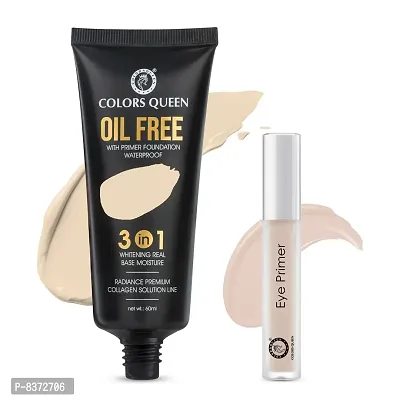 Colors Queen Oil Free 3 IN 1 Water Proof Foundation (Sheer Ivory) With Color Correcting 12 Hr. Smoothing Water proof Eye Primer (Pack Of 2)