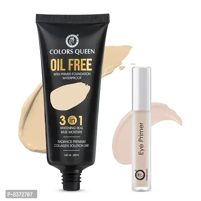 Colors Queen Oil Free 3 IN 1 Water Proof Foundation (NATURAL BEIGE) With 12 Hr. Smoothing Water Proof Eye Primer (Pack Of 2)