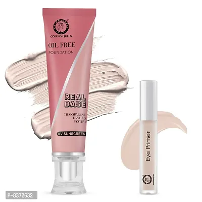 Colors Queen Oil Free Real Base Foundation (Natural Marble) With Color Correcting 12 Hr. Smoothing Water Proof Eye Primer (Pack Of 2)