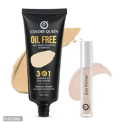 Colors Queen Oil Free 3 IN 1 Water Proof Foundation (Natural Shell) With Color Correcting 12 Hr. Smoothing Water proof Eye Primer (Pack Of 2)
