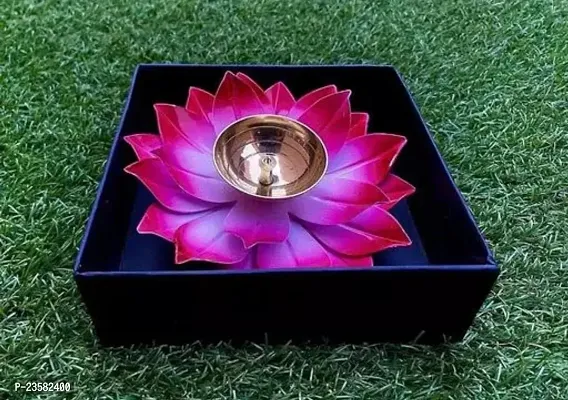 Brass And Metal Blue Color Lotus Shape Akhand Diya 5, Puja Deepak Oil Lamp Kamal Patta Design For Diwali Gifting - Pack Of 1 Brass Table Diya Gift Box Pack -Dimension: 5 Inch-thumb0