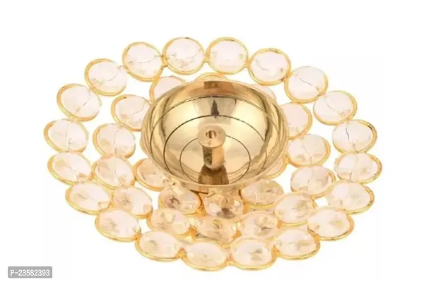 Brass And Crystal Big Diya Round Shape Kamal Deep Akhand Jyoti Oil Lamp For Home Temple Puja Decor Gifts -Width-11 Cm, Hight-5 Cm -Pack Of 1-thumb0