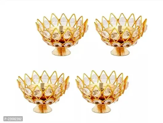Brass And Crystal Small Bowl Diya Round Shape Kamal Deep Akhand Jyoti Oil Lamp For Home Temple Puja Decor Gifts -Width-7 Cm, Hight-4 Cm -Pack Of 4-thumb0