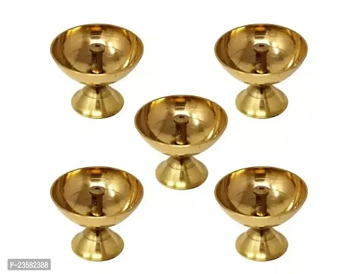 New Brass Traditional Akhand Diya Table Deepak Paro Jyoti Small Size Gold Finish - Pack Of 5-thumb0