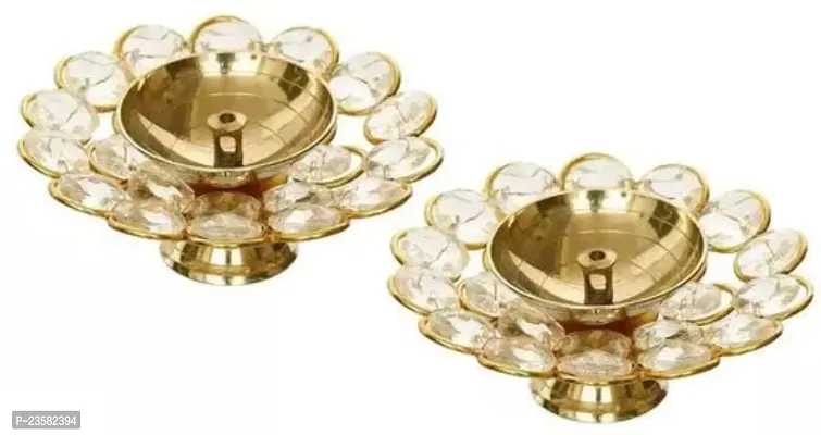 Brass And Crystal Small Round Shape Diya Round Shape Kamal Deep Akhand Jyoti Oil Lamp For Home Temple Puja Decor Gifts -Width-9 Cm, Hight-4 Cm -Pack Of 2
