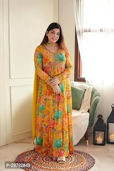 Stylish Yellow Printed Georgette Flared Kurta With Dupatta For Women