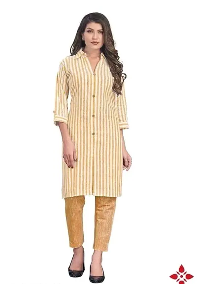 Women Cotton Striped Straight Kurta with Bottom Set