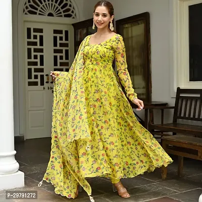 Trendy Yellow Georgette Printed Flared Kurta With Dupatta For Women