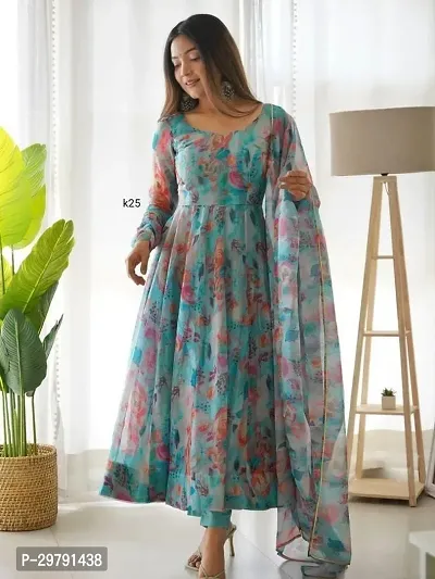 Trendy Turquoise Georgette Printed Flared Kurta With Dupatta For Women