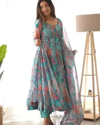 Trendy Turquoise Georgette Printed Flared Kurta With Dupatta For Women-thumb1