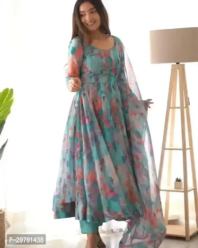 Trendy Turquoise Georgette Printed Flared Kurta With Dupatta For Women-thumb2